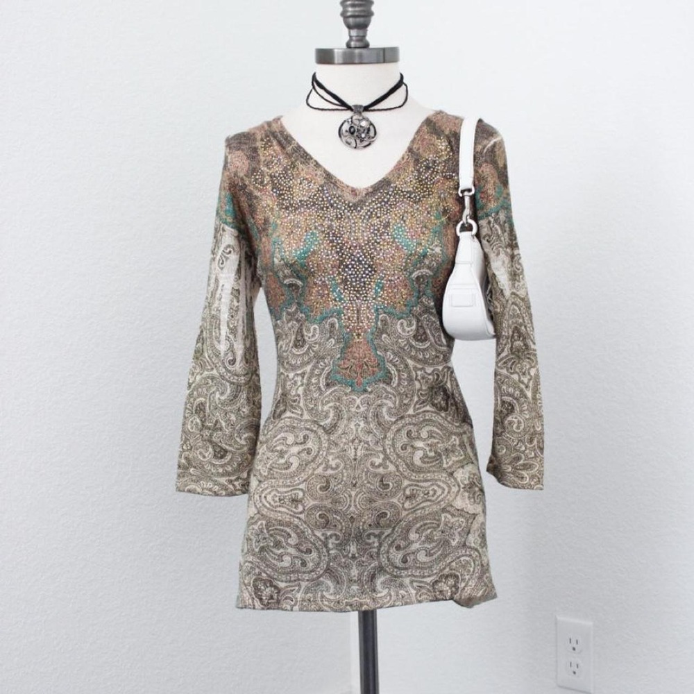 Y2k vintage whimsygoth patterned sweater with rhinestone details